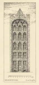 202654 Opstand van de gereconstrueerde voorgevel van het huis Groenewoude (Oudegracht 151) te Utrecht.